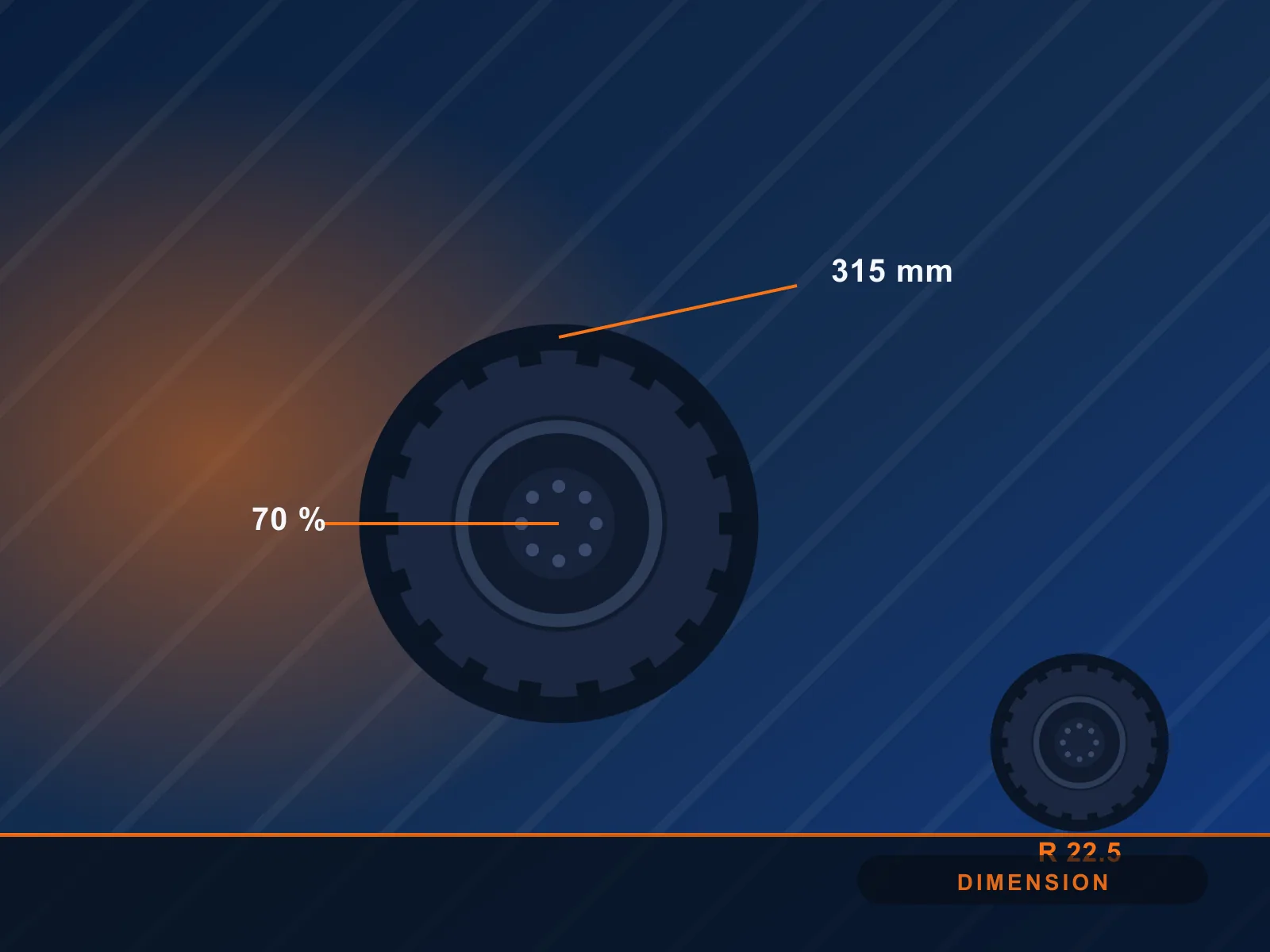 Pneu poids lourd 315/70 R22.5 posé sur un sol d’atelier, jante de 22,5 pouces visible